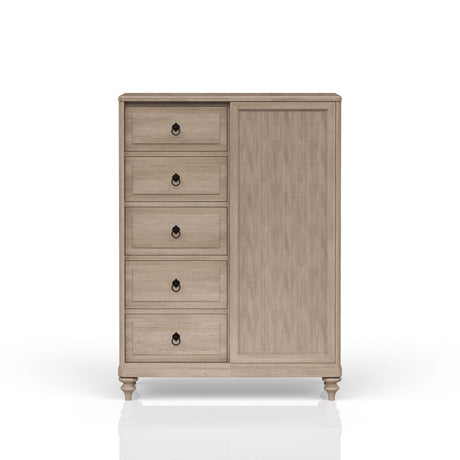 Sand Finish 5 Drawer Door Chest with Sliding Door and Hanging Storage, Solid Wood and MDF, 44x18x61 inches