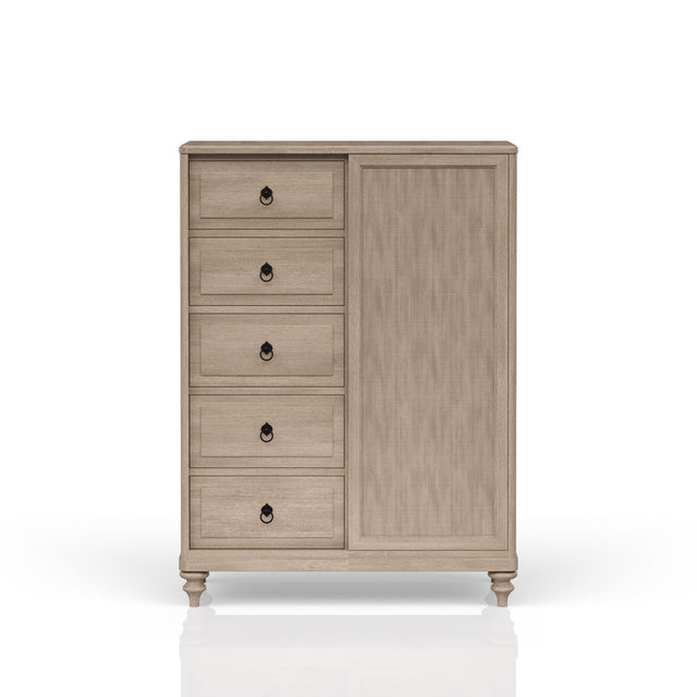 Sand Finish 5 Drawer Door Chest with Sliding Door and Hanging Storage, Solid Wood and MDF, 44x18x61 inches