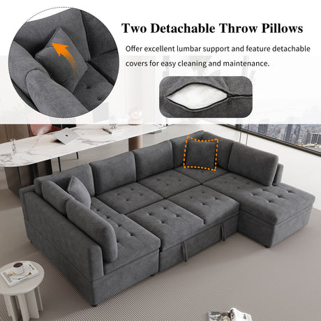 Oversized Sectional Sofa U-shaped Couch Pull-out Sofa Bed with Two Throw Pillows Gray Chenille 117.3' - sold by Home Elegance USA