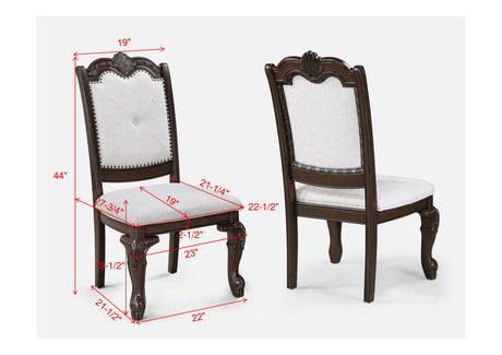 Formal 5pc Rectangular Dining Table 18' Extendable Leaf Side Chair Arm Chair Rich Dark Coffee Brown Finish Intricately Carved Double Pedestal Base Solid Wood Dining Set - sold by Home Elegance USA