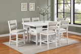 7pc Counter Height Dining Set White Rectangular Table Wine Bottle Storage Upholstery Chairs Open Shelf Storage Drawer Wooden Solid Wood Furniture