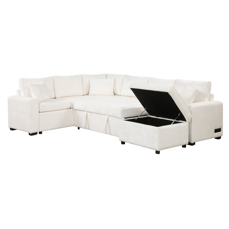 Cream Tweed Chenille Sectional Sofa with Pull-out Bed and Storage Ottoman, 112.2' for Living Room - sold by Home Elegance USA
