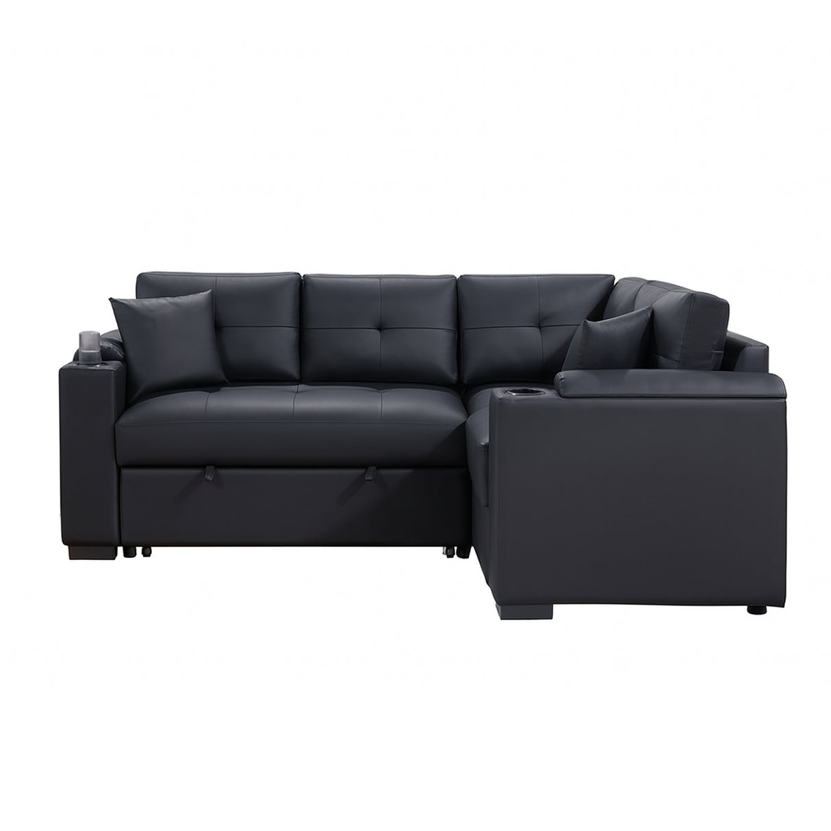 PVC Fabric Sleeper Sectional with USB Charger and Storage Arms, Black