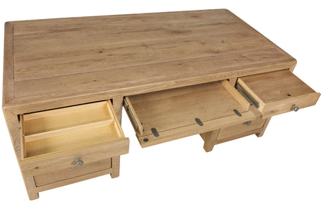 Wooden desk with multiple drawers on a white background