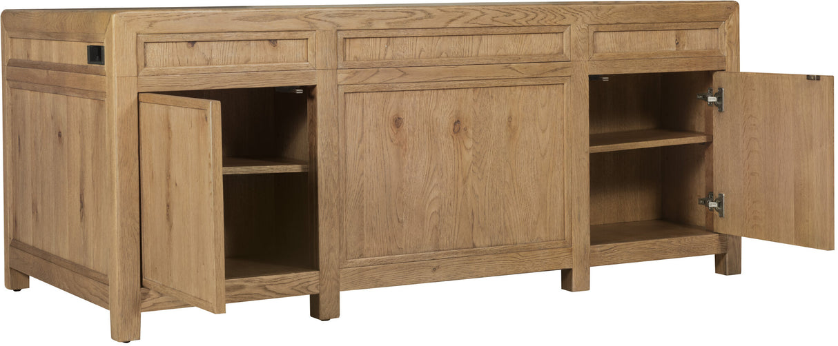 Wooden sideboard with open doors on a white background