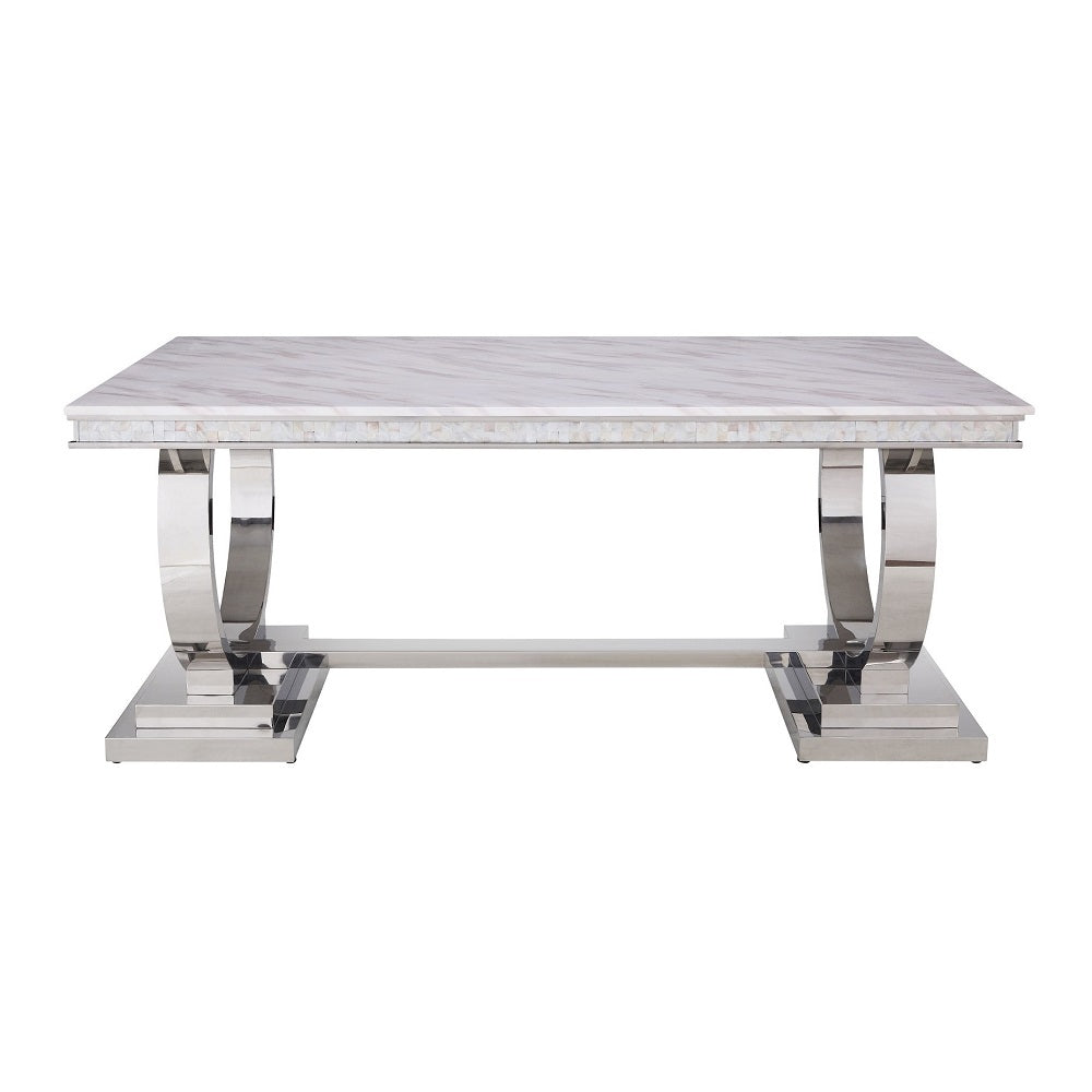 Acme - Zander Dining Table 68250 White Printed Faux Marble Top & Mirrored Silver Finish