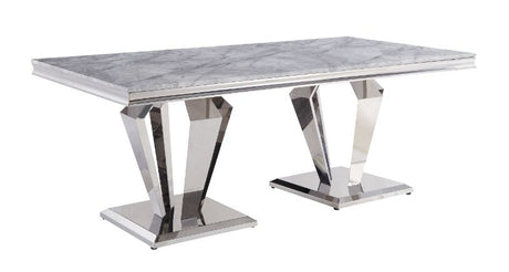 Acme - Satinka Dining Table 68265 Light Gray Printed Faux Marble Top & Mirrored Silver Finish
