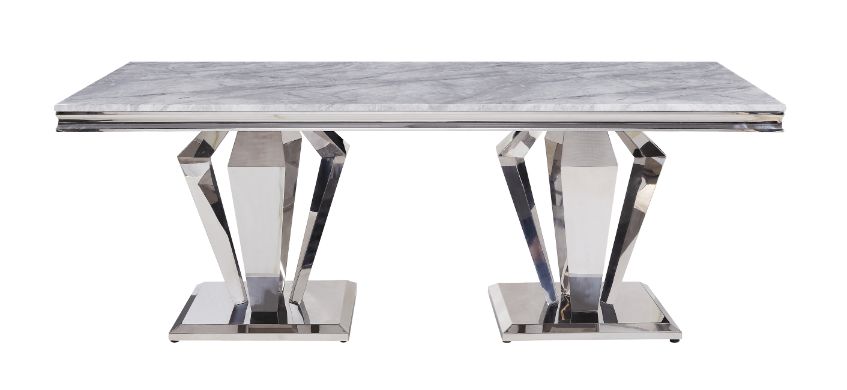 Acme - Satinka Dining Table 68265 Light Gray Printed Faux Marble Top & Mirrored Silver Finish