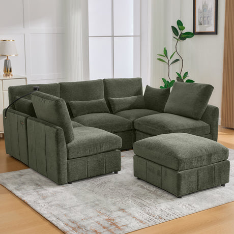 Modern Sectional Sofa Modular Sofa 85.4' U-shaped Sofa Couch Sofa Bed with Movable Ottoman, USB Ports, Phone Holder, Green Chenille - sold by Home Elegance USA