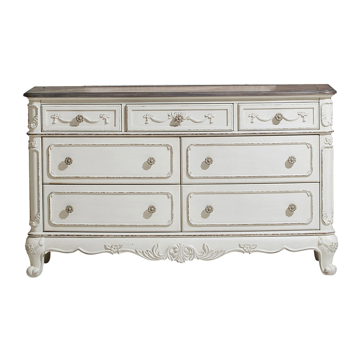 Victorian Style Antique White and Oak Finish Dresser with 7-Drawer Storage 1pc Carving Design Classic Traditional Bedroom Furniture