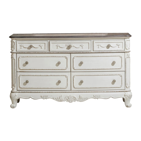 Victorian Style Antique White and Oak Finish Dresser with 7-Drawer Storage 1pc Carving Design Classic Traditional Bedroom Furniture
