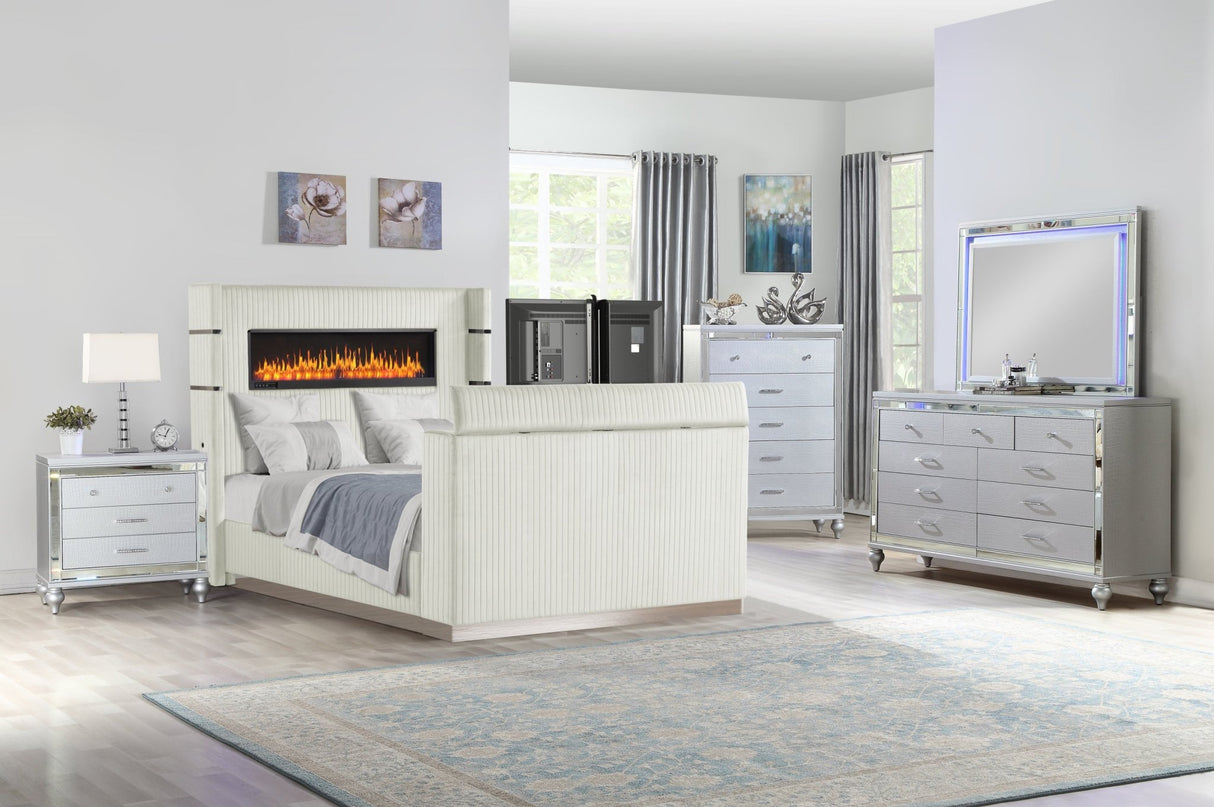 Lavish Modern Style 5 Pc Queen Bedroom Set Made with Fireplace in Headboard & TV stand in Footboard with Wood in Beige