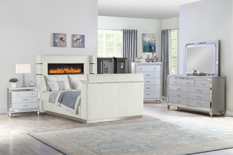 Lavish Modern Style 5 Pc Queen Bedroom Set Made with Fireplace in Headboard & TV stand in Footboard with Wood in Beige