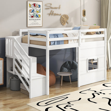 Twin Size Loft Bed with Storage Staircase and Window, White