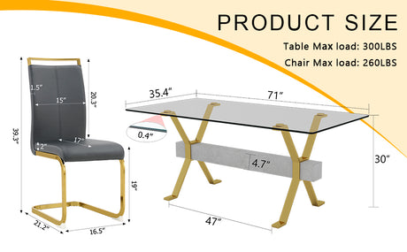 Table and chair set.Elegant Transparent Tempered Glass Dining Set - 71'x35.4' with 8 Dark Gray PU Chairs with golden C-tube metal leg. - sold by Home Elegance USA
