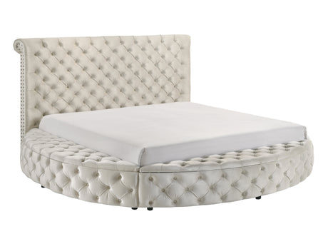 Unique Round Plush Ivory Velvet Button-Tufted Detailing Storage Bed Queen Size White 2x Nightstands Wooden Bedroom Furniture 3pc Set - sold by Home Elegance USA