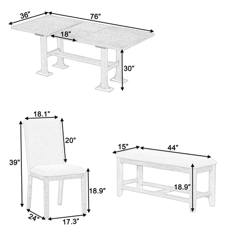 TOPMAX Farmhouse 76inch 6-Piece Extendable Dining Table Set with Trestle Base, Upholstered Chairs & Bench, Natural Wood and Light Gray Fabric - sold by Home Elegance USA
