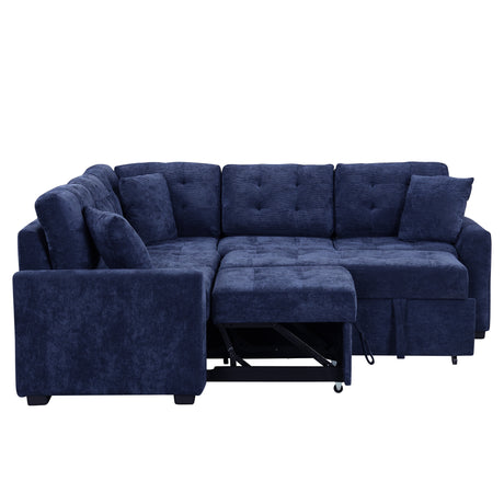 Navy Blue L-shape Sofa Bed with Pull-out Sleeper, USB Ports, Power Sockets, Corded Velveteen, 82.6' - sold by Home Elegance USA