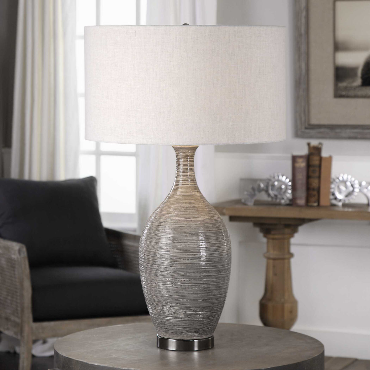 Dinah Textured Table Lamp - Gray / Beige by Uttermost - View 3