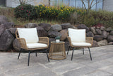 3PCS Outdoor Patio Balcony Natural Color Wicker Chair Set with Beige Cushion and Round Tempered Glass Table(New)