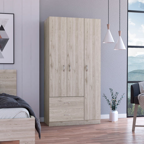 Bosko 3 Doors Armoire, Two Drawers, Metal Rod, Light Gray -Bedroom - Home Elegance USA