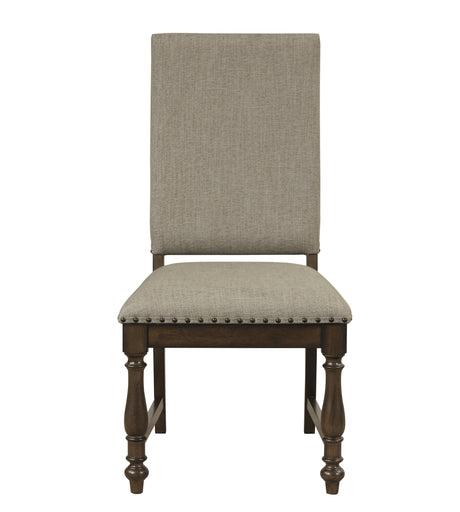 Traditional 5pc Dining Set Table with Extension Leaf and 4 Side Chairs Beige Fabric Upholstered Nailhead Trim Brown Classic Dining Room Furniture - sold by Home Elegance USA