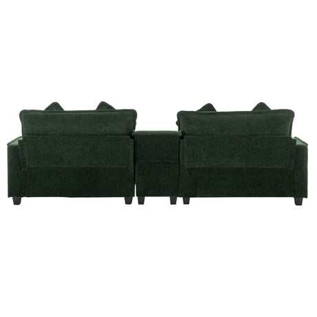 Chenille Upholstered 111' Sectional Sofa with Two Removable Ottomans, USB Ports, Cup Holders, and Storage, Green - sold by Home Elegance USA