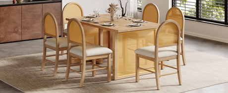 TREXM 7-Piece Farmhouse Dining Table Set for 6 - 59.8' Rectangular Dining Table with Distressed Oak Veneer and 6 Rattan Chairs, Rustic Kitchen Furniture for Dining Room(Natural) - sold by Home Elegance USA