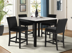 5pc Counter Height Dining Set Square White Faux Marble Table Black Velvet Upholstered Tufted Nail Head Chairs Wooden Leg Dining Room Furniture Black - sold by Home Elegance USA
