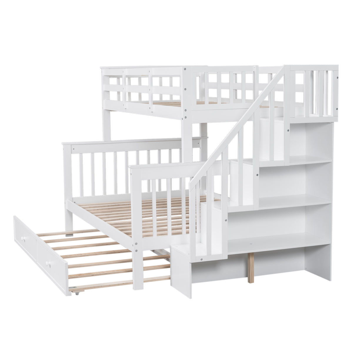 Twin-Over-Full Bunk Bed with Twin size Trundle, Storage and Guard Rail for Bedroom, Dorm, for Adults, White(OLD SKU :LT000119AAK) - Home Elegance USA