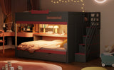 Full Over Full Bunk Bed with Twin Size Trundle and Staircase, Shelves, LED,Gray - sold by Home Elegance USA