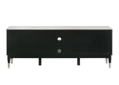 Contemporary Style TV Console Sintered Stone Top Silver Capped Arrow Legs Open Shelves Black And White Finish Primary Living Room - sold by Home Elegance USA