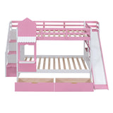 Full-Over-Full Castle Style Bunk Bed with 2 Drawers 3 Shelves and Slide - Pink - Home Elegance USA