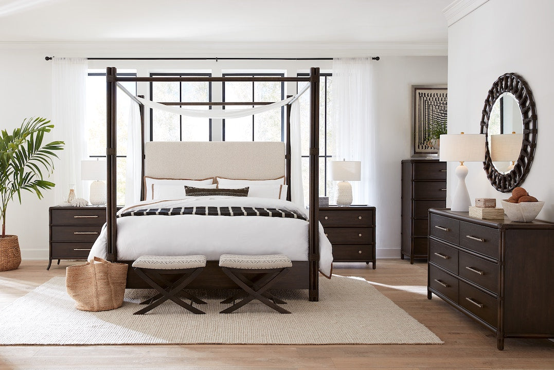 Hooker Furniture Bedroom Retreat Pole Rattan King Upholstered Poster Bed w/Canopy - Home Elegance USA