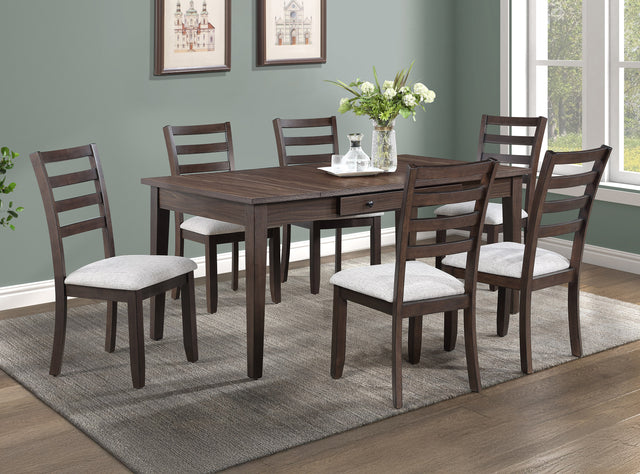7pc Multifunctional Dining Table Rich Wood Finish Dual Ended Hidden Storage Compartments Two Built-in Side Drawers Upholstered ladder Back Chairs Wooden Dining Room Furniture