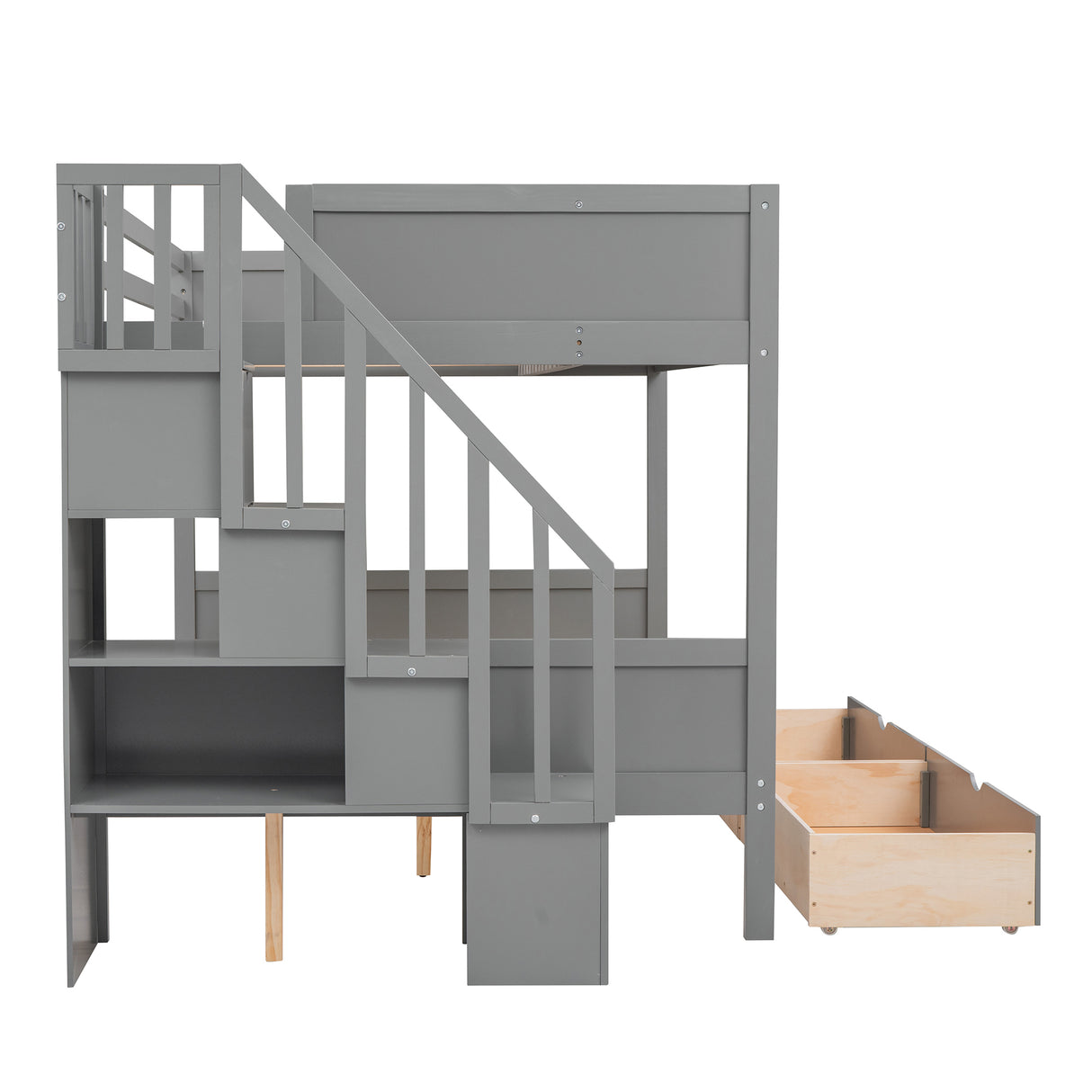 Twin over Full Bunk Bed with Shelfs, Storage Staircase and 2 Drawers, Gray - Home Elegance USA