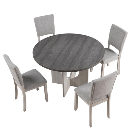 Contemporary Style 5pc Dining Set Kitchen Dinette Gray Upholstered Fabric Chairs Round Table Pedestal Base Table 4x Side Chairs Dining Room - sold by Home Elegance USA