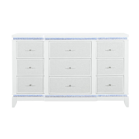 Adalid Modern White Dresser with LED Light and Glittered Drawer Fronts