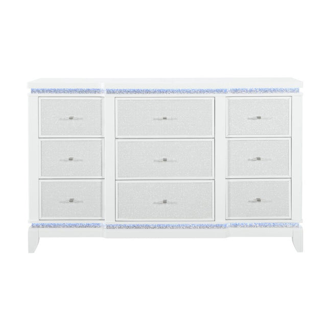 Adalid Modern White Dresser with LED Light and Glittered Drawer Fronts