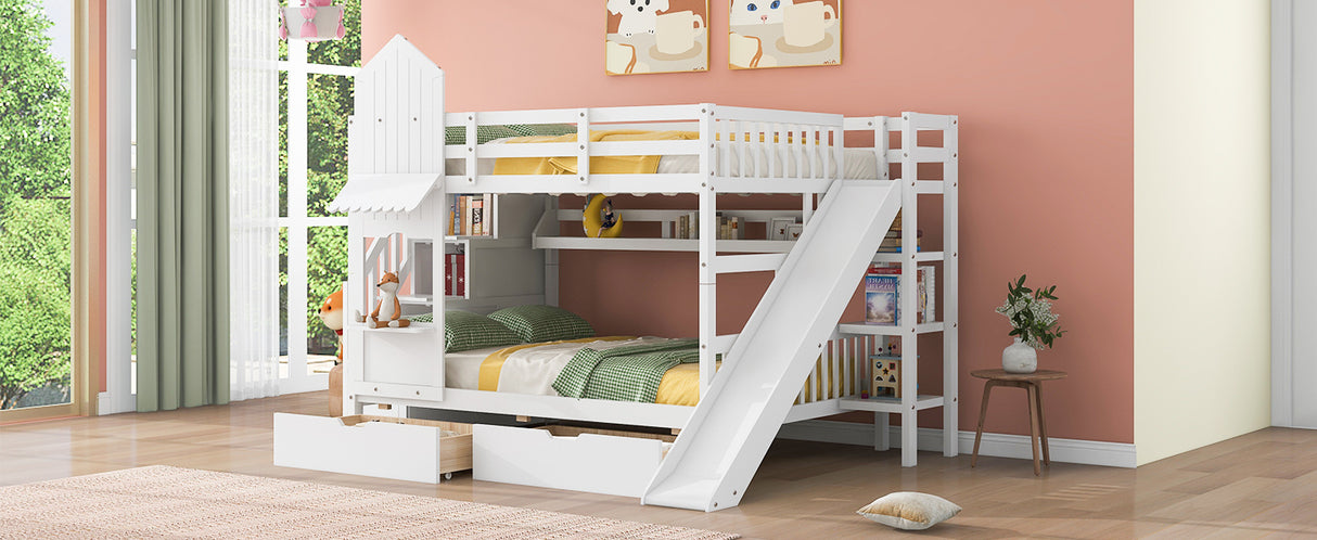 Full-Over-Full Castle Style Bunk Bed with 2 Drawers 3 Shelves and Slide - White - Home Elegance USA