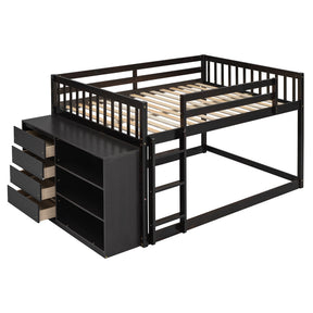 Elegant Full Over Full Bunk Bed with Storage Drawers and Shelves, Espresso Finish, Solid Pine Construction