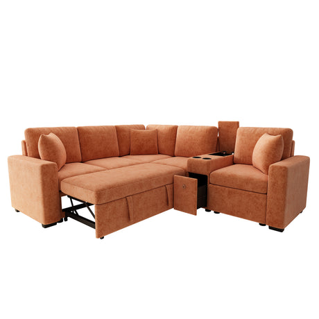 120.5' L-shaped Convertible Sofa Bed Modular Sectional Sofa Reversible Sleeper with Pull-Out Bed, Cup Holders, and Ample Storage Space for Living Room(Old SKU:N719S001940G), Orange - sold by Home Elegance USA