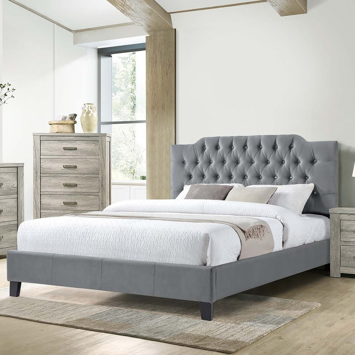 Gorgeous Gray Velvet Full Size Bed 1pc Bedframe Modern Tufted Upholstered Headboard Bedroom Furniture