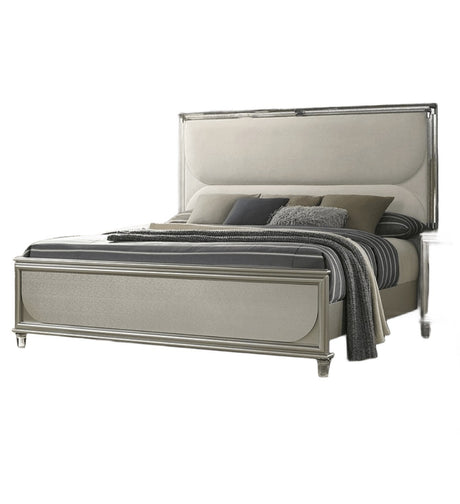 Glamorous Luxury Silver Fabric Upholstered Queen Size Bed w LED 2x Nightstands Embossed Panel 3pc Set Bedroom Furniture - sold by Home Elegance USA