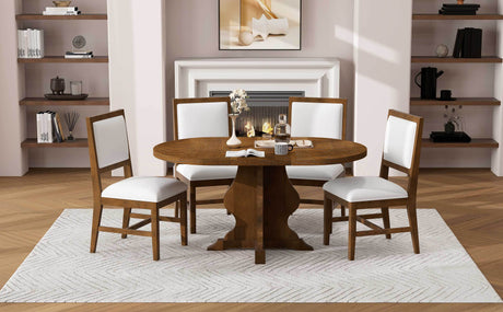 TREXM Farmhouse 5-Piece Dining Table Set with 4 Upholstered Chairs, Wood Extendable Dining Table with 15.7' Leaf for Extra Seating for Dining Room, Kitchen and Living Room (Brown) - sold by Home Elegance USA