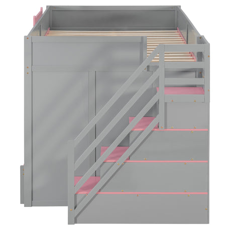 Full Over Full Bunk Bed with Twin Size Trundle and Staircase, Shelves, LED,Gray - sold by Home Elegance USA