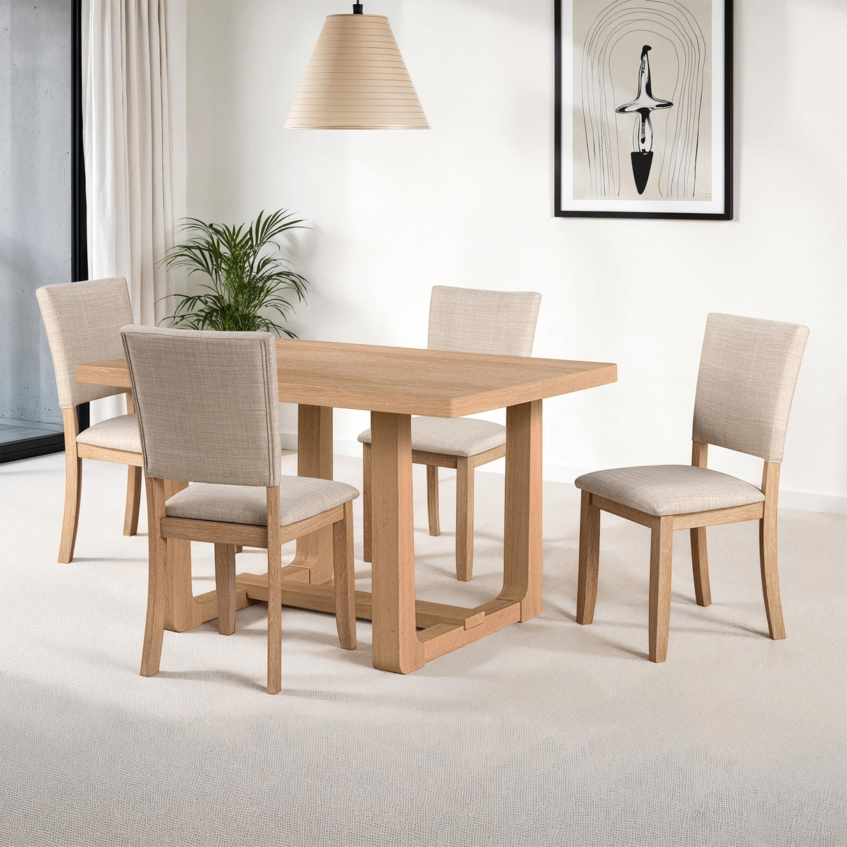 Transitional Style 5pc Dining Set Natural Finish Dining Table Trestle Base Table 4x Side Chairs Dining Room