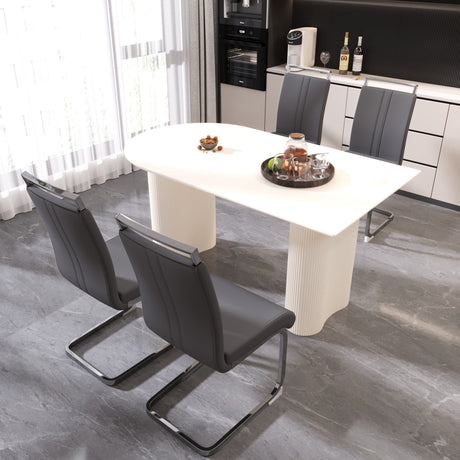 63 'medieval modern cream style MDF dining table and PU armless dining chair set 4. Assemble Desktop and Silver plated metal leg dining chair set, suitable for home&kitchen - sold by Home Elegance USA