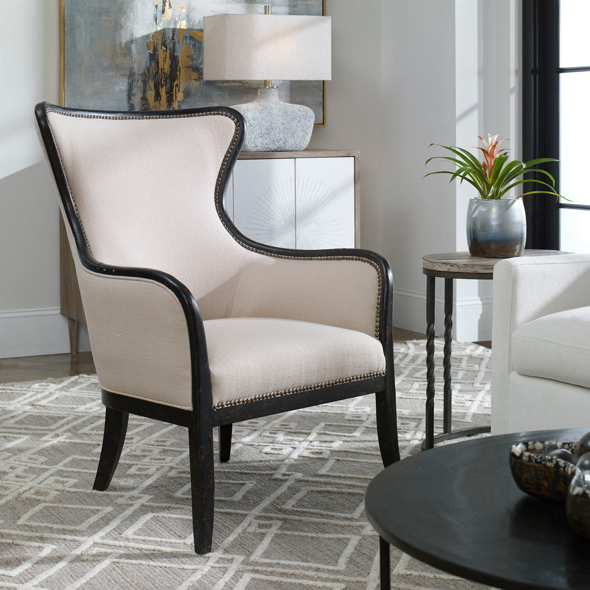 Sandy Wing Back Armchair Beige & Dark Brown - Beige / Dark Brown by Uttermost - View 2