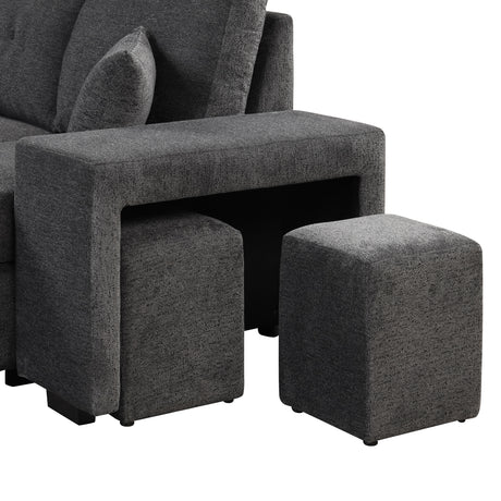 Reversible Sleeper Sectional Sofa Bed with Side Shelf and 2 Stools, Pull-Out L-Shaped Sofa Bed, Velvet Blue Black - sold by Home Elegance USA